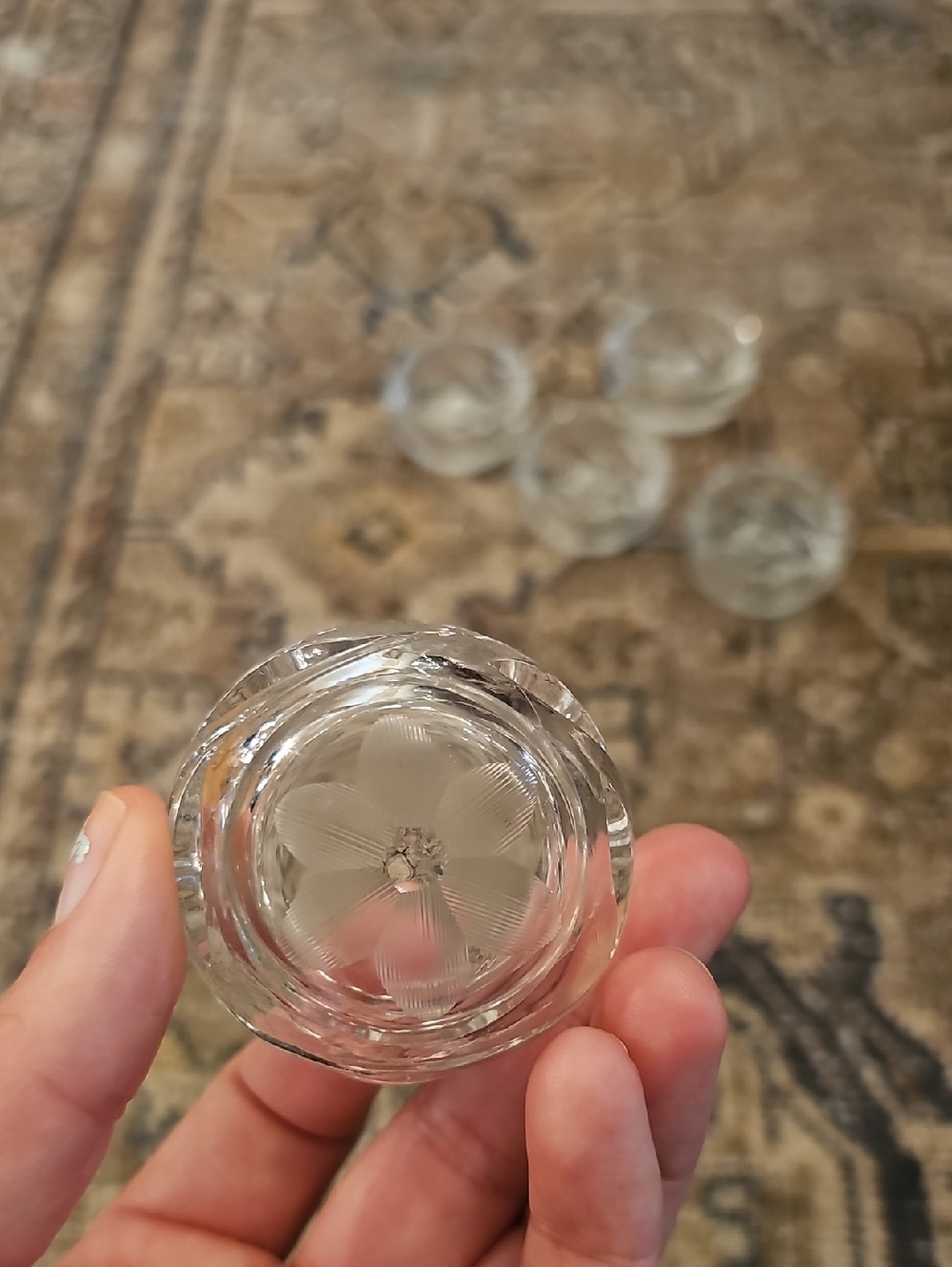 SALE! Set of 5 Glass Open Salt Cellars, Etched Floral And Sawtooth Rim - Picture 5 of 16